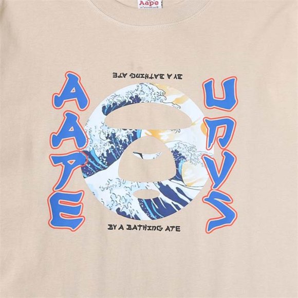 AAPE Monkey Head Wave Print Logo T-Shirt - Cream Short Sleeve - Picture 3 of 6